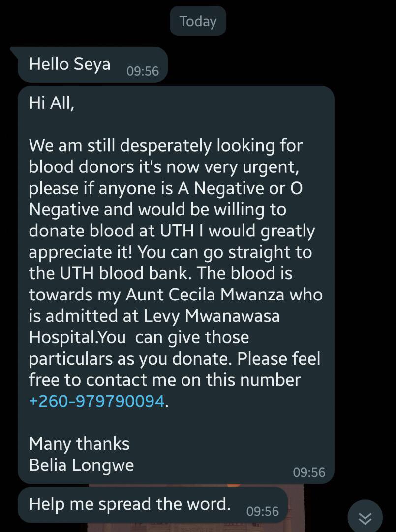 Hey guys! Please help if you can! Urgent blood donation needed! Details in pic below and please RT for awareness! 🙏🏾 #blooddonation #Lusaka