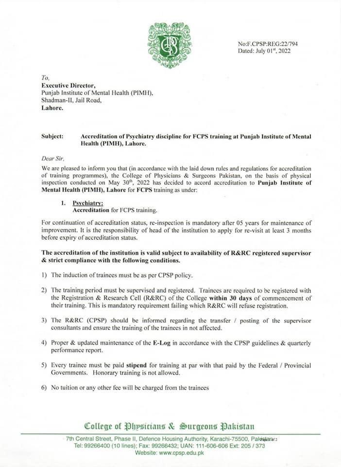 PakistanPps's tweet photo. First Time in its 122 year History Punjab Institute Of Mental Health has been approved and fully accredited for FCPS PSYCHIATRY PG TRAINING by College Of Physicians &amp; Surgeons Pakistan @Ali_Madeeh @WPA_Psychiatry @rcpsych  # https://t.co/lmHZlUDzyE