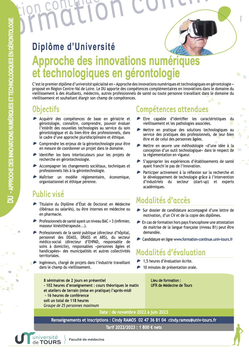 👉🏼 Le service de Gériatrie du CHRU de Tours propose une formation, le DU "Approche des innovations numériques et technologiques en gérontologie" qui s'adresse à toute personne  travaillant dans le champs du vieillissement (dès BAC+3). La formation débutera fin novembre !  🙂👍🏻