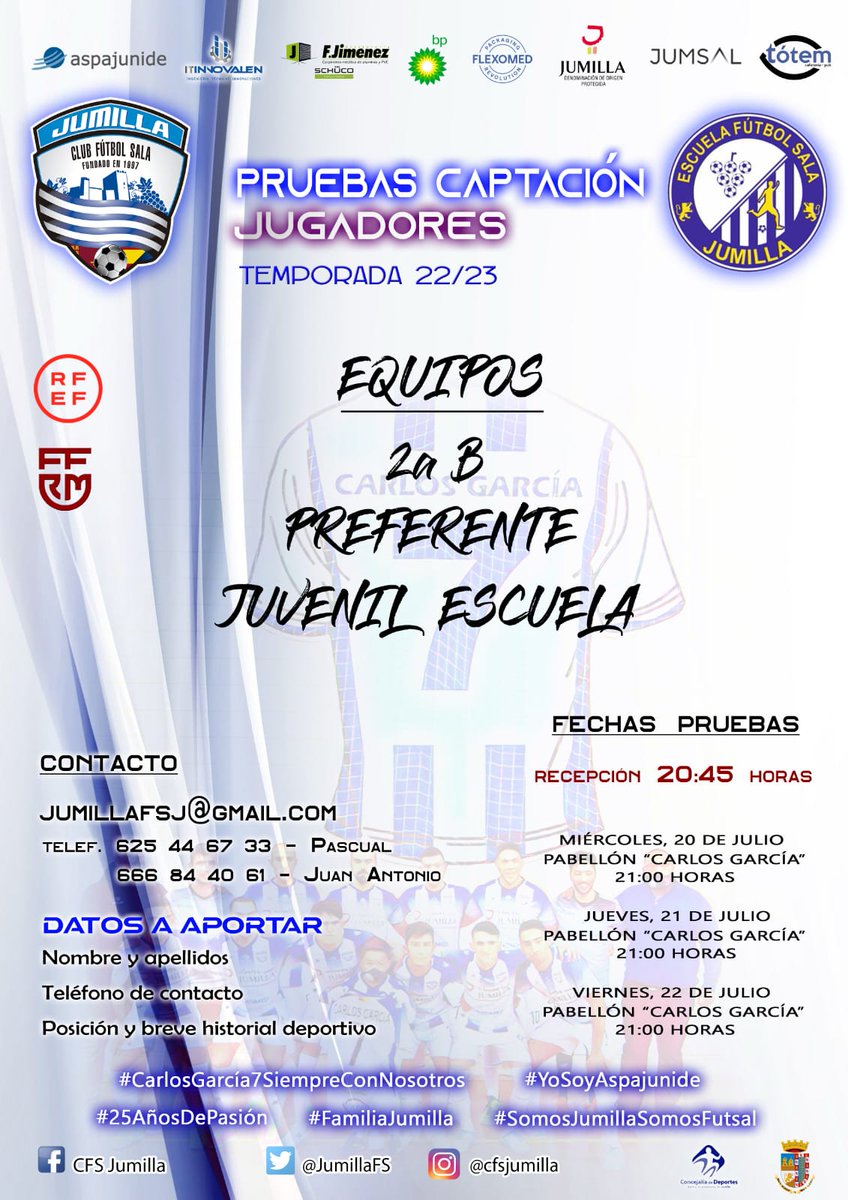 ⚽🥅 *PRUEBAS DE CAPTACIÓN 2022* ⚽🥅
¿Te gustaría defender el escudo del CFS Jumilla? ¿Quieres sentirlo en el pecho? 

Como sabemos que has contestado a las dos preguntas afirmativamente te invitamos a las pruebas de Captación 2022.
+ Info e inscripciones 👇👇