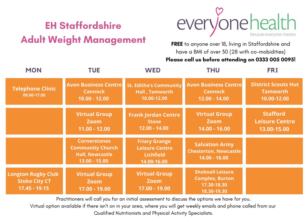 We have partnered with 
<a href="/StaffordshireCC/">Staffordshire County Council</a> on the #BetterHealth Staffordshire Campaign!

We have FREE weight management groups, where you will get support from our registered Nutritionists &amp; Physical Activity Specialists!

Call 0333 005 0095 to book your place!

*Restrictions apply