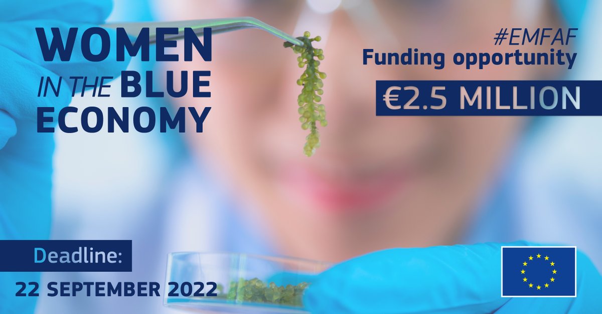 📢€ 2.5 million available in the new #EMFAF #WomenInTheBlueEconomy call for proposals to:

✅Increase women's participation
✅Close the data gap
✅Advance gender equality
✅Promote women's entrepreneurship

All info to apply here👇
europa.eu/!6pPQw7