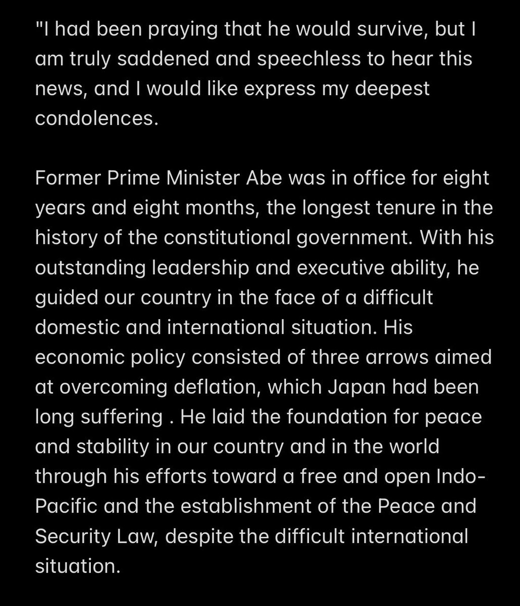 myhlee's tweet photo. Full remarks from Japanese Prime Minister Fumio Kishida, delivered shortly after Shinzo Abe’s death was announced. Via @juliaminuma https://t.co/jEtpFNiYhm