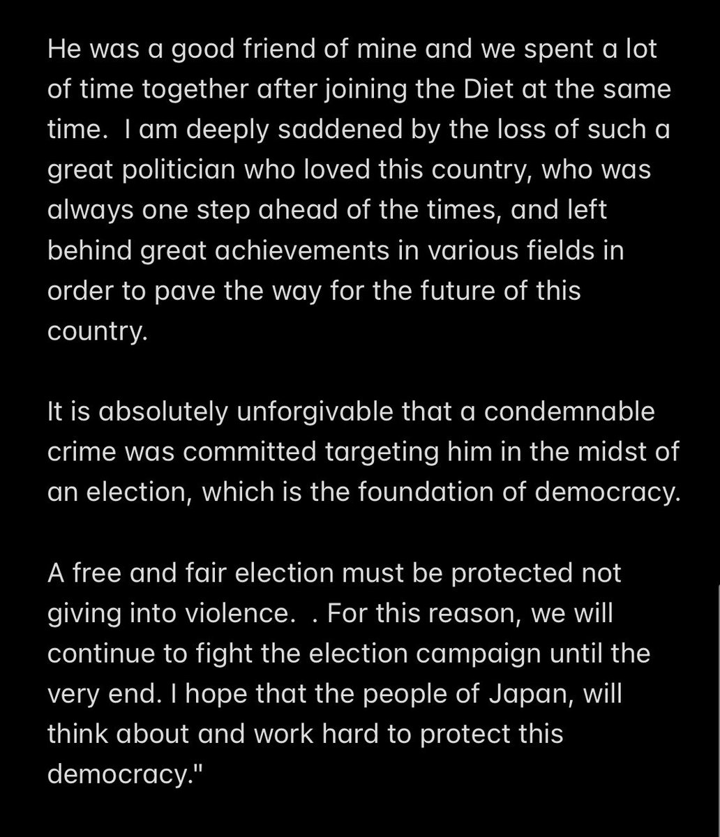 myhlee's tweet photo. Full remarks from Japanese Prime Minister Fumio Kishida, delivered shortly after Shinzo Abe’s death was announced. Via @juliaminuma https://t.co/jEtpFNiYhm
