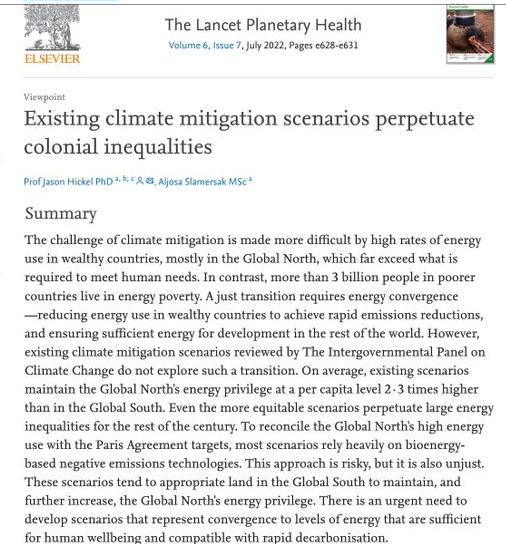 'Green growth' scenarios reviewed by the IPCC tend to gamble on speculative negative emissions tech, constrain energy use in the global South, and appropriate Southern land for biofuels—all to maintain the global North's energy privilege. sciencedirect.com/science/articl…