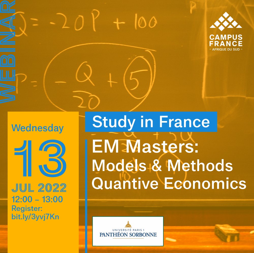 CampusFranceZA's tweet image. Erasmus Mundus Joint Master Degree - Models and Methods of #QuantitativeEconomics - Mathematics 👩‍🎓👨‍🎓
Find out what this programme entails regarding exchanges and funding in the next #StudyInFrance webinar!

bit.ly/3yvj7Kn

#Mathematics #ErasmusMundus