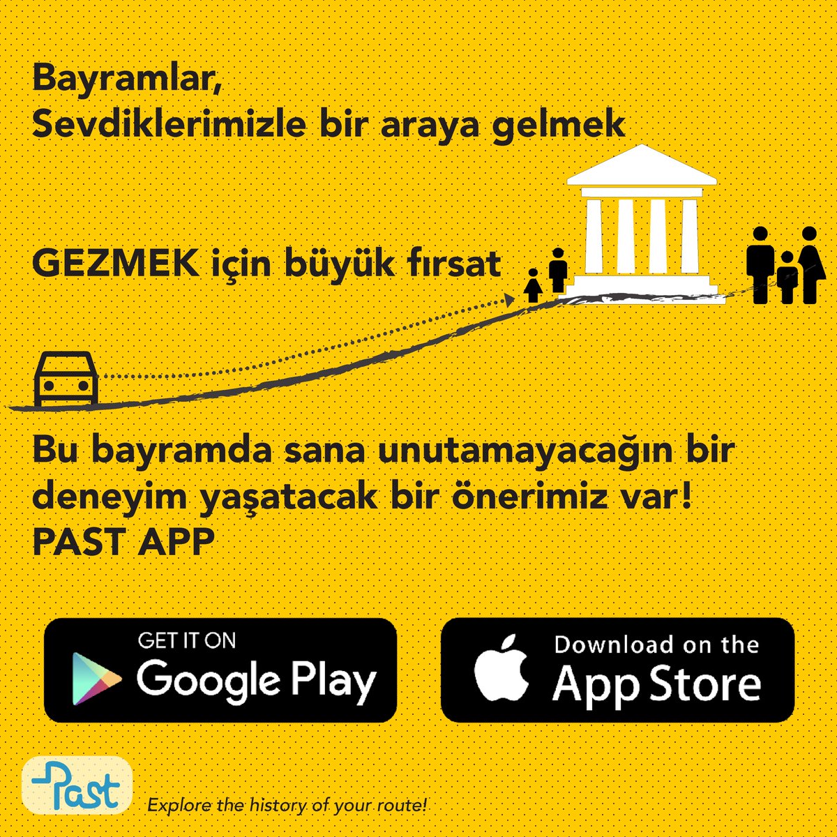🇹🇷 Bayramlar ve resmi tatiller, sevdiklerimizle bir araya gelmek ve GEZMEK için büyük fırsat! Past App size unutamayacağınız bir deneyim öneriyor. Bu tatilinizde, Google Play ve App Store'dan Past App'i indirin ve rotanız üzerindeki müze ve örenyerlerine uğrayın. 
 #bayram #past