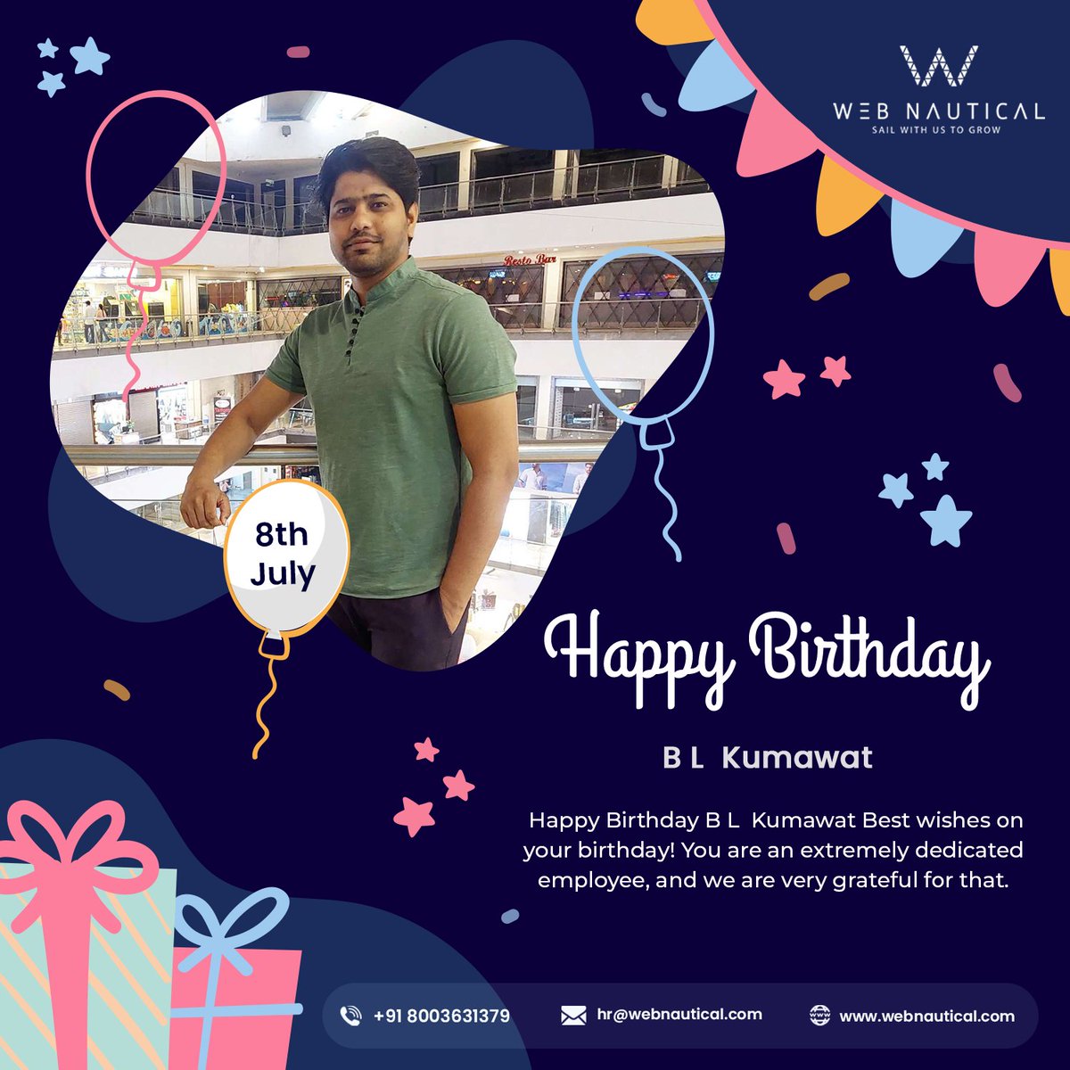 NauticalWeb's tweet photo. Many happy returns to a genuinely spectacular employee of ours🎂. We are lucky to have you.

#webnautical #itcompany #birthdaywishes #WorkLife #employeeengagement #birthdaypost #wishes2022 #corporatelife #celebrations https://t.co/xUi3hfc1x9