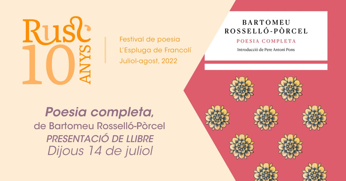 🐝#RUSC10Anys | Presentació de «Poesia completa» de Bartomeu Rosselló-Pòrcel

📅Dijous 14 de juliol
🕖19.30 h

A càrrec de Jordi Llavina, <a href="/RaquelParera/">Raquel Parera</a> i Oriol Magrinyà. El llibre forma part de la col·lecció «Imprescindibles» de l’<a href="/EdBarcino/">Editorial Barcino</a>.

+ info 👇🏽
museuvidarural.cat/poesia-complet…