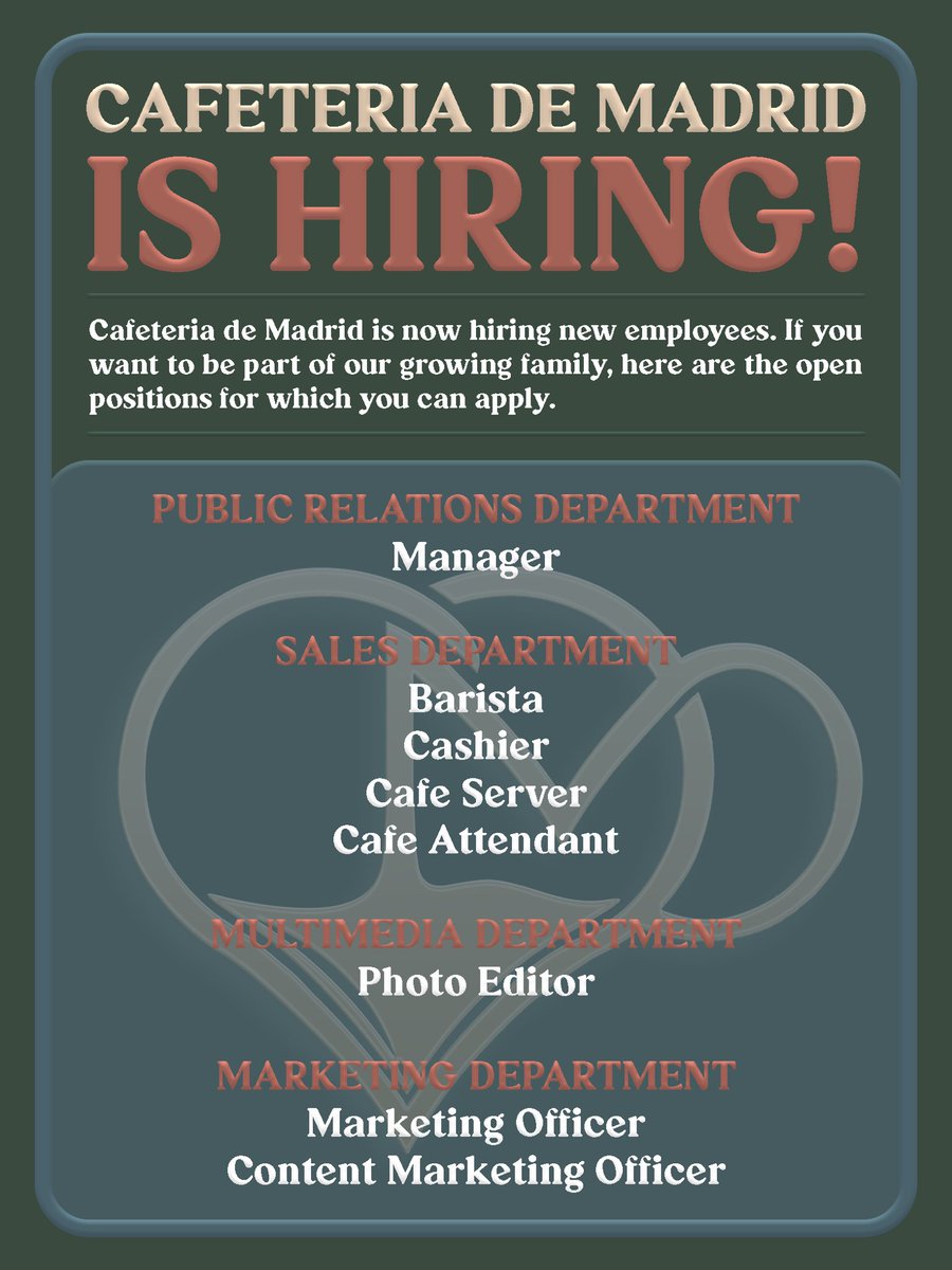 ㅤ

    🔔  Cafeteria de Madrid has a 
    notice  on  the  bulletin  board.

    ¡Buenos días! Another hiring phase will begin today, July 08, 2022, and will last until June 13, 2022. Join us on our journey! You may answer the form below.

ㅤㅤ