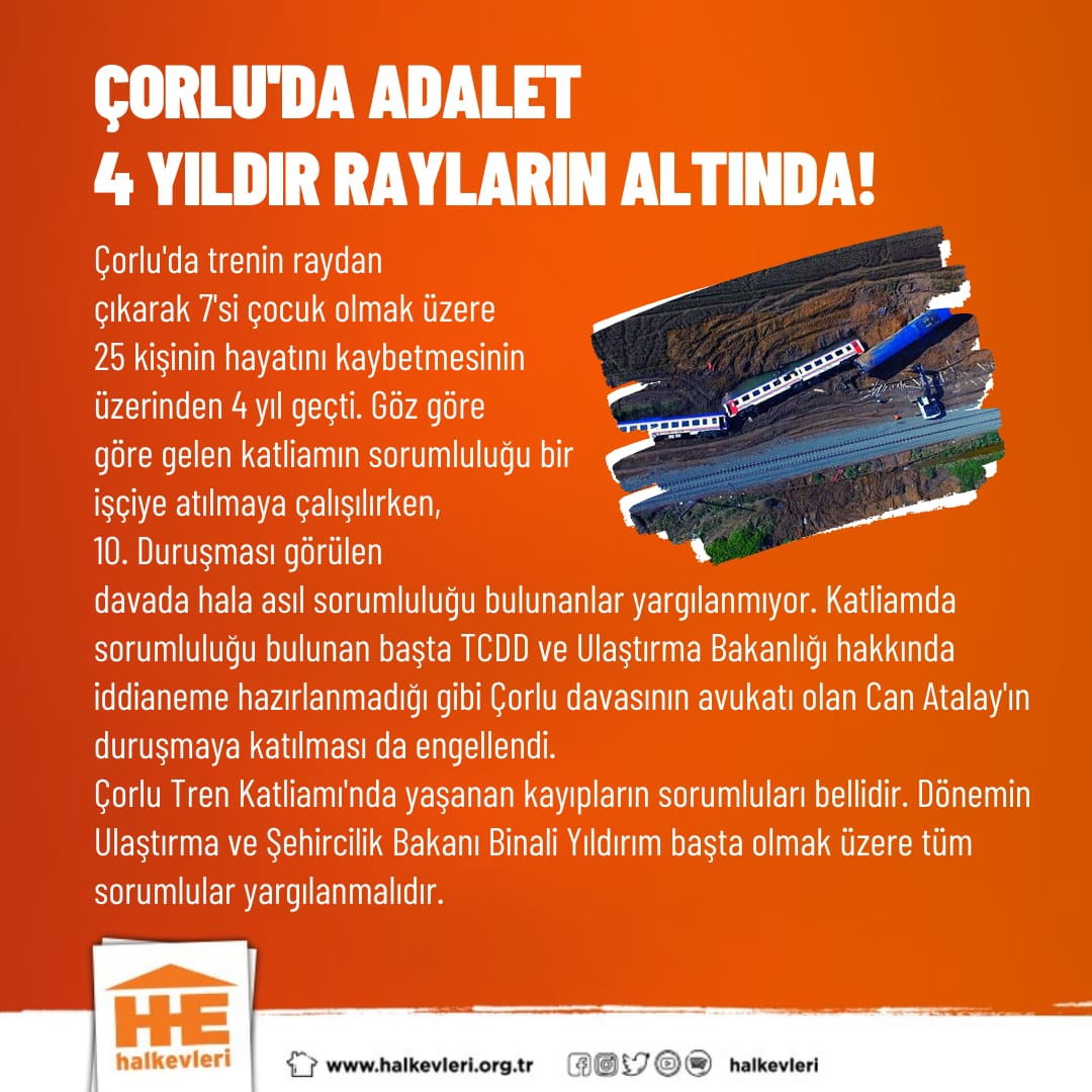 Halkevleri's tweet photo. Çorlu'da adalet 4 yıldır rayların altında! 

#CorluTrenKatliamı'nın üzerinden 4 yıl geçti. Çorlu Tren Katliamı'nda yaşanan kayıpların sorumluları bellidir. Dönemin Ulaştırma ve Şehircilik Bakanı Binali Yıldırım başta olmak üzere tüm sorumlular yargılanmalıdır. https://t.co/aJNTYskHPb