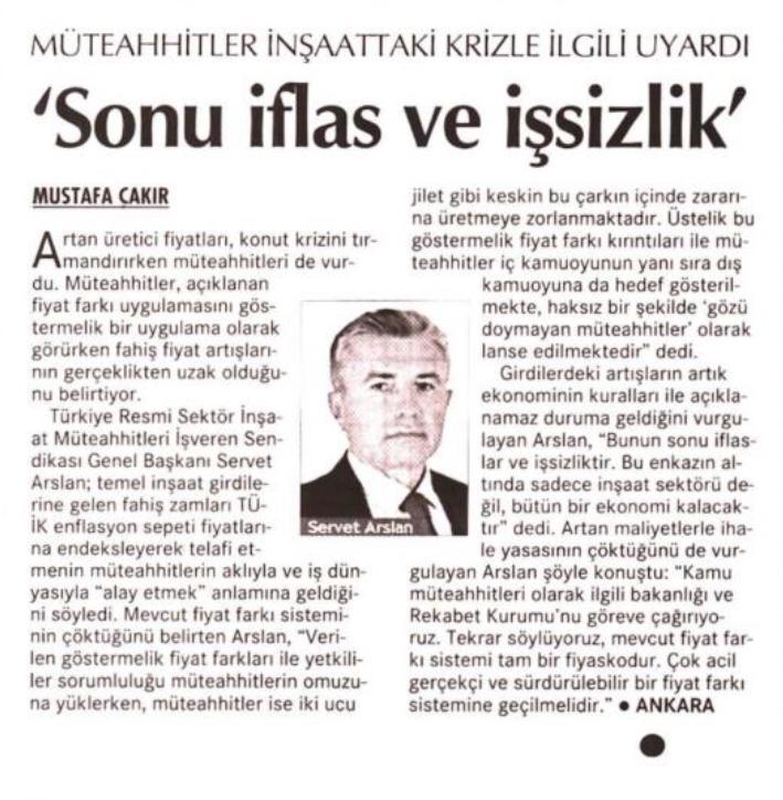 TÜRKİNŞA Genel Başkanı Servet Arslan; temel inşaat girdilerine gelen fahiş zamları TÜİK enflasyon sepeti fiyatlarına endeksleyerek telafi etmenin müteahhitlerin aklıyla ve iş dünyasıyla “alay etmek” anlamına geldiğini söyledi. 

cumhuriyet.com.tr/ekonomi/muteah…