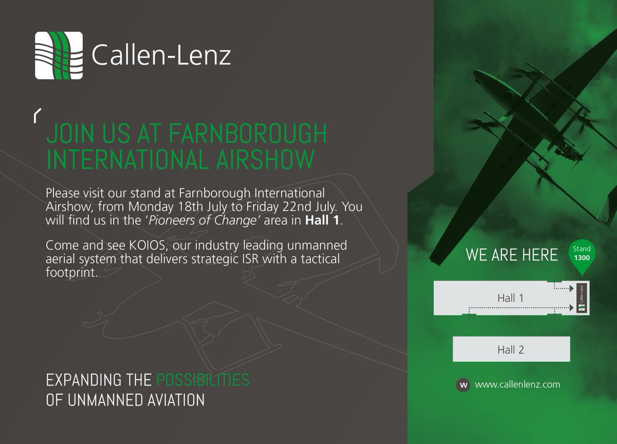 callenlenz's tweet photo. The countdown to #FIA22 has begun. We are looking forward to attending our first international air show as an exhibitor. Join us to learn how Callen-Lenz delivers operationally proven Unmanned Aerial Solutions and market-leading avionics.

#uav #innovation #futureflight https://t.co/FiJMoDlGhs