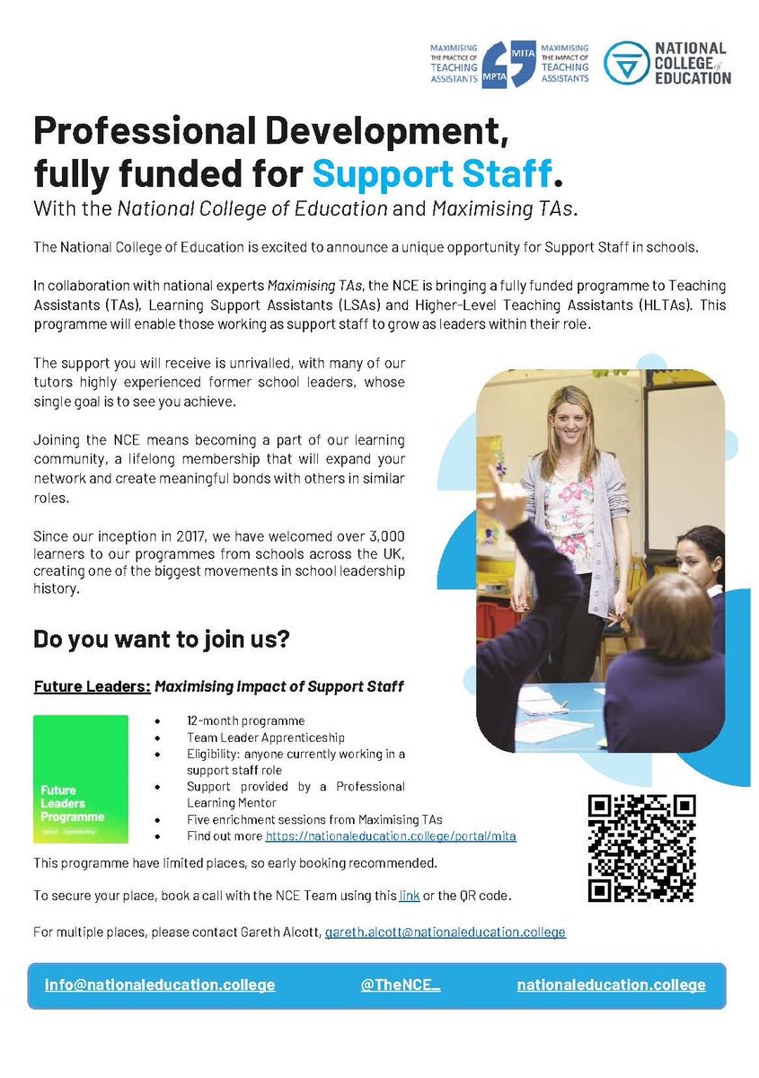 Maximising the Impact of Teaching Assistants (@mitaproject) on Twitter photo TAs, HLTAs and LSAs thinking about next year, we are working with NCE on a fully funded Future Leaders apprenticeship - join <a href="/GalcottGareth/">Gareth Alcott FCCT</a> at 6pm on Thursday 14th July to find out more:
eventbrite.co.uk/e/pathway-to-s… TAs, HLTAs and LSAs thinking about next year, we are working with NCE on a fully funded Future Leaders apprenticeship - join <a href="/GalcottGareth/">Gareth Alcott FCCT</a> at 6pm on Thursday 14th July to find out more:
eventbrite.co.uk/e/pathway-to-s…