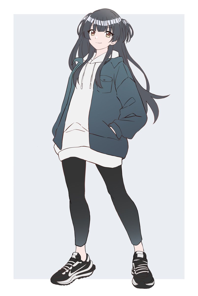 mayuzumi fuyuko 1girl solo black hair shoes hoodie long hair jacket  illustration images