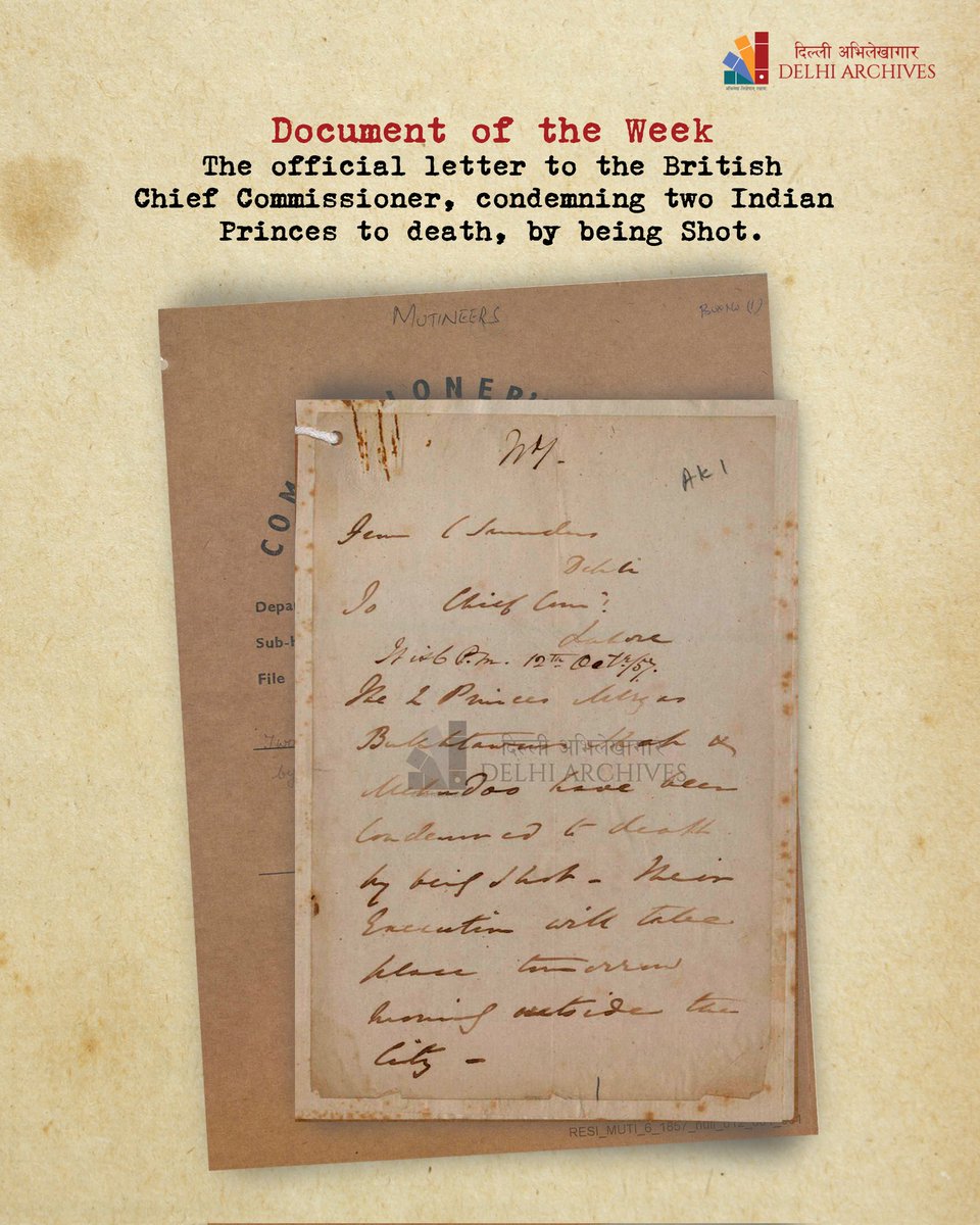 Delhi_Archives's tweet photo. #DocumentoftheWeek
Following the arrest of Bahadur Shah Zafar, search parties were dispatched to locate members of the royal family. Only two of Zafar's sons are known to have successfully escaped. At the same time Mirza Bakhtawar Shah and Mirza Meandoo were arrested & shot dead. https://t.co/bHuzFrckKX