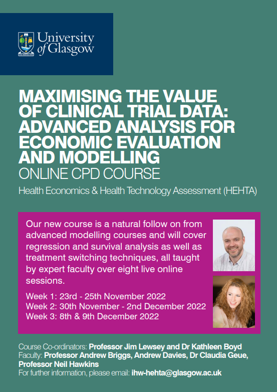 UofGHEHTA's tweet photo. 📢Our live online course Maximising the Value of Clinical Trial Data: Advanced Analysis for Economic Evaluation &amp; Modelling, led by Prof @jim_lewsey &amp; Dr @Kathleenannboyd, will run in Nov/Dec 2022! 👩‍💻👨‍💻

DM for more info or visit: https://t.co/oT5kgC8GoK https://t.co/Ka8ivaZtxJ