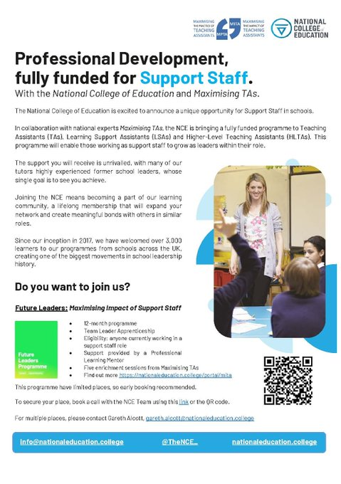 Maximising the Impact of Teaching Assistants (@mitaproject) on Twitter photo TAs, HLTAs and LSAs thinking about next year, we are working with NCE on a fully funded Future Leaders apprenticeship - join <a href="/GalcottGareth/">Gareth Alcott FCCT</a> at 6pm on Thursday 14th to find out more: eventbrite.co.uk/e/pathway-to-s… TAs, HLTAs and LSAs thinking about next year, we are working with NCE on a fully funded Future Leaders apprenticeship - join <a href="/GalcottGareth/">Gareth Alcott FCCT</a> at 6pm on Thursday 14th to find out more: eventbrite.co.uk/e/pathway-to-s…