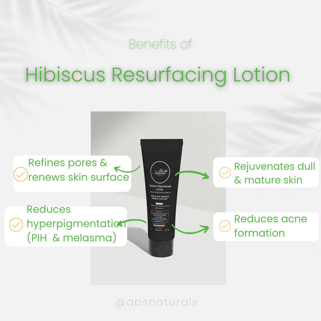 AbsNaturals's tweet photo. Hibiscus Resurfacing Lotion is a powerhouse resurfacer that increases collagen and elastin production which contributes to a smoother, even, firmer and blemish free skin. Amongst other benefits.

Active Ingredients; 
10% AHA Blend
5% Salicin 
Msm
Vitamin C 

#bioactiveskincare https://t.co/5roIurO9nK
