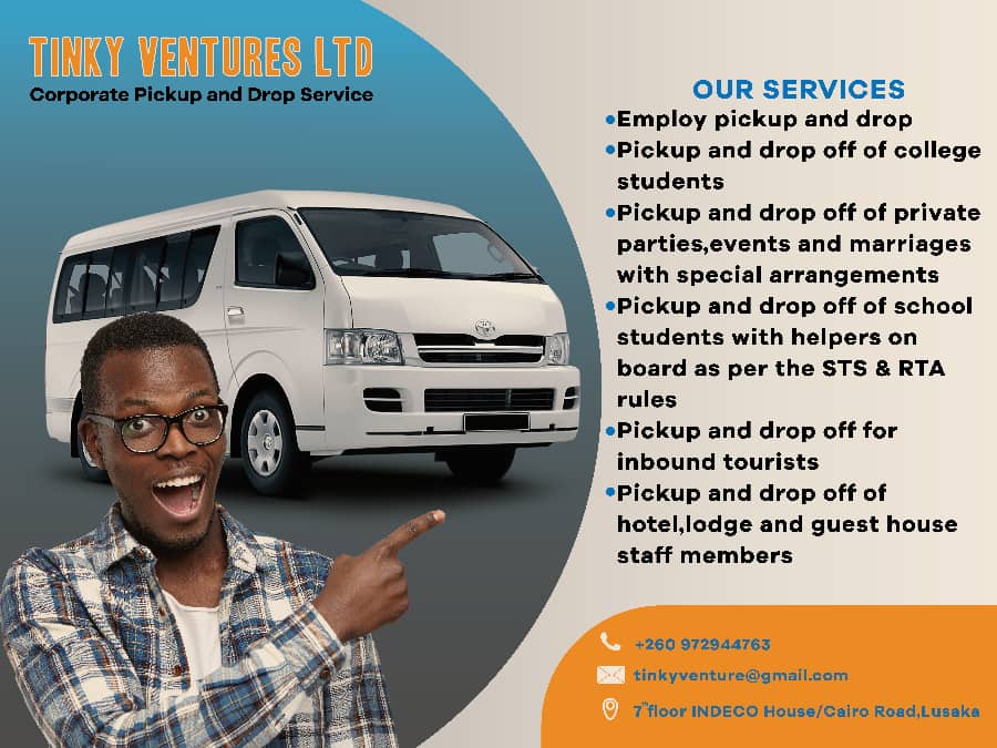 CharlesTembo12's tweet photo. Hello #Zedtwitter
Tinky Ventures provides an on Demand #Corporate and #Social daily #Bus pick up & drop off services for.
#Employees
#Students
#Dailytrips
Make that call today!!!!! 🔥🔥
Call/WhatsApp
+260979359486
or Email: tinkyventureslimitid@gmail.com https://t.co/HMMuMoxSgN