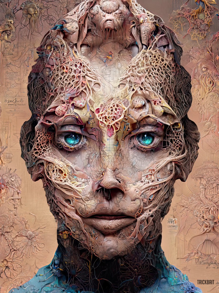 TrickBait_'s tweet photo. Testing.. loving these Intricate details with Hueman v2.4 Jax, init was made in Disco 5.4 with symmetry from a inits init ?! 🤔
#AiArtwork #AIart #jaxdiffusion #discodiffusion https://t.co/H0146LnWv1