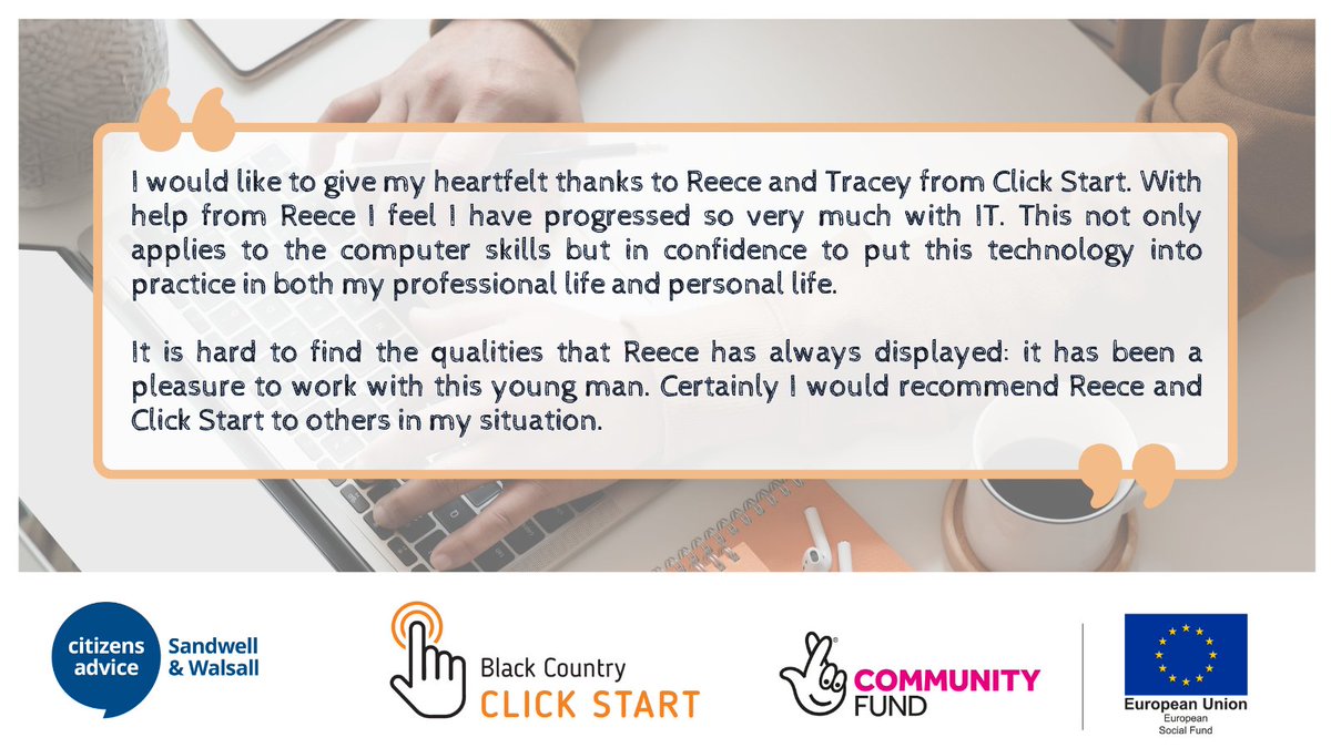 sandwellwalsall's tweet photo. Kind feedback from a recent Click Start participant with improved digital skills. If you're out of work in the Black Country and looking to improve your own computer skills, get in touch on 07377 555075. #TNLComFundESF #ClickStartBC #DigitalInclusion #DigitalDivide @TNLComFund https://t.co/8lFzXb6vax