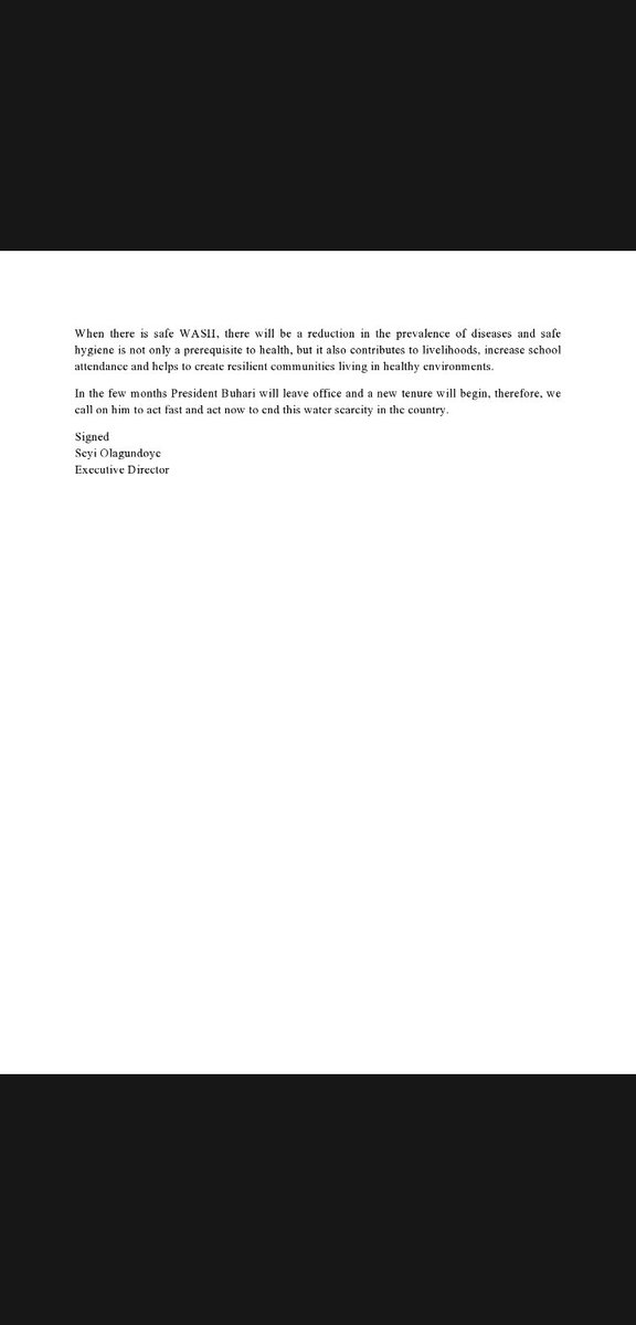 C-BIGS calls on <a href="/MBuhari/">Muhammadu Buhari</a>
<a href="/NGRPresident/">Presidency Nigeria</a> to scale up of #wash services in order to meet #SDG6
<a href="/guardiannews/">Guardian news</a> <a href="/vanguardngrnews/">Vanguard Newspapers</a> <a href="/AIT_Online/">Africa Independent Television</a> <a href="/channelstv/">Channels Television</a> <a href="/Dailytrustpdf/">dailytrustepaper</a> <a href="/PremiumTimesng/">Premium Times</a> <a href="/SaharaReporters/">Sahara Reporters</a> @WAReporters <a href="/civicactionng/">Civic Action, Sustainable Communities</a>