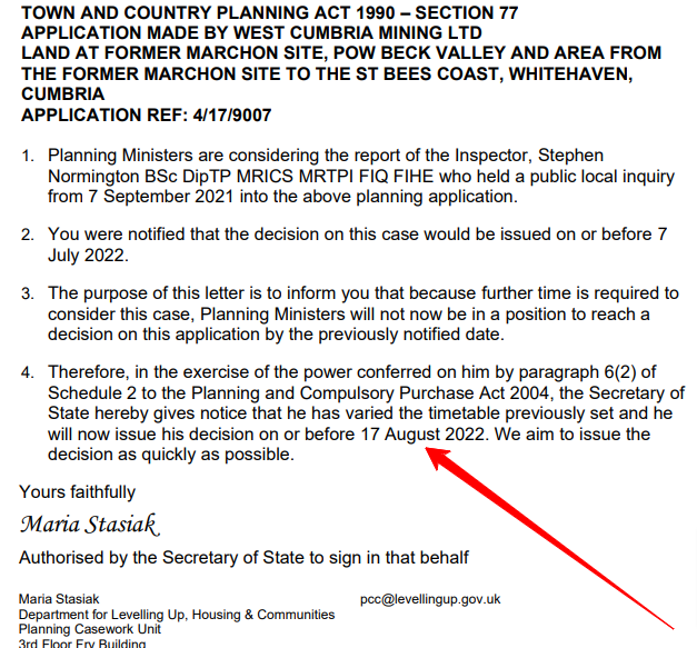 UPDATE 

New levelling up secretary @GregClarkMP will make a decision on Cumbria coal mine by 17 August. 

<a href="/tonybosworth/">Tony Bosworth</a> says: "This delay gives ministers extra time to ensure they make the right decision about the Whitehaven mine... all the evidence is stacked against the mine"