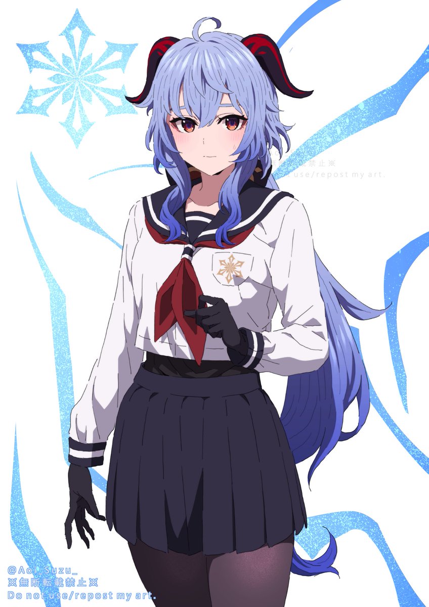 ganyu (genshin impact) 1girl school uniform blue hair pantyhose skirt solo horns  illustration images