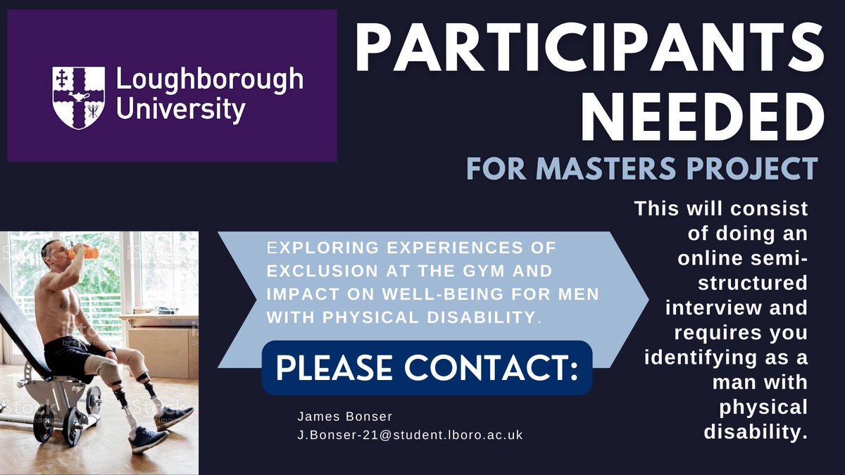 BonserJames's tweet photo. Hello,
As part of my MSc in Sport and Exercise Psychology at Loughborough University, I am completing a research project entitled ‘Exploring experiences of exclusion at the gym and impact on well-being for men with physical disability.’
@A_Papathomas 
@PHC_Lboro https://t.co/kHalJoWAcY