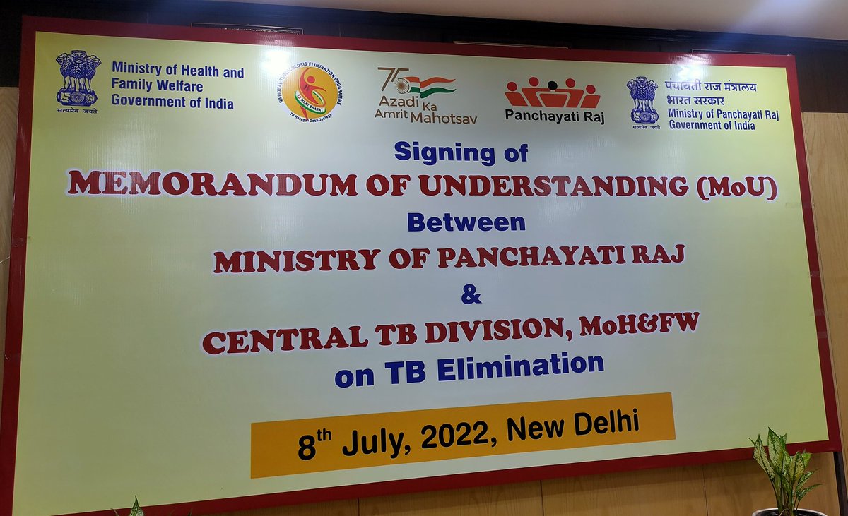 ddgtb2017's tweet photo. All set up for the signing of the MoU between Ministry of Panchayati Raj and Central TB Division, MoHFW on 8th July 2022.
@MoHFW_INDIA @mopr_goi @PMOIndia @rashtrapatibhvn @NITIAayog @GHS @VPSecretariat https://t.co/liEzTUtA6G