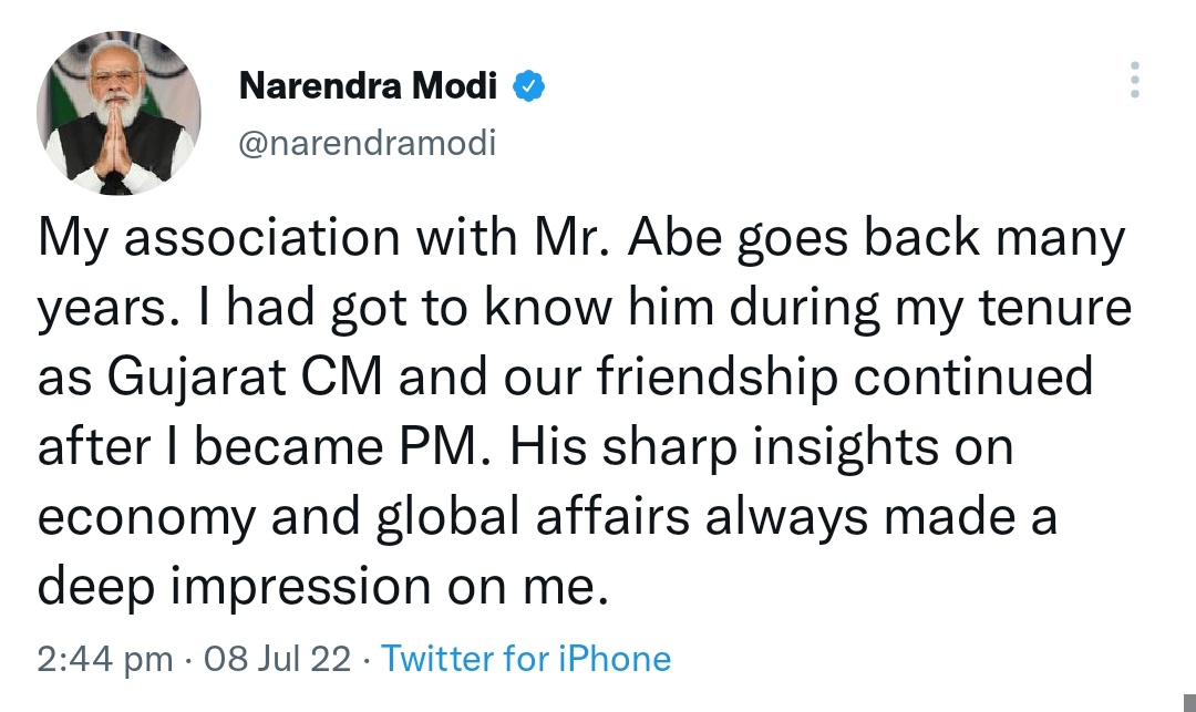 Chourasiajyoti1's tweet photo. #ShinzoAbe 
#PMModi tweets, India to Observe National Mourning on July 9
दोस्त #शिंजोआबे की मौत से प्रधानमंत्री #नरेंद्रमोदी स्तब्ध, ट्वीट कर कहा- भारत 9 जुलाई को राष्ट्रीय शोक मनाएगा

#ชินโซอาเบะ #Japan #ShinzoAbeShot #Shinzo #japanesepm #modiabe #modishinzoabe #AbeShinzo #Abe https://t.co/7DmvxX8xFS