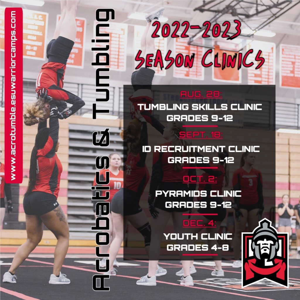 East Stroudsburg University Actobatics &amp; Tumbling is hosting several clinics this fall! Interested in learning about A&amp;T? Come learn from our team! #WhereWarriorsBelong 🔴⚫
acrotumble.esuwarriorcamps.com/register.cfm