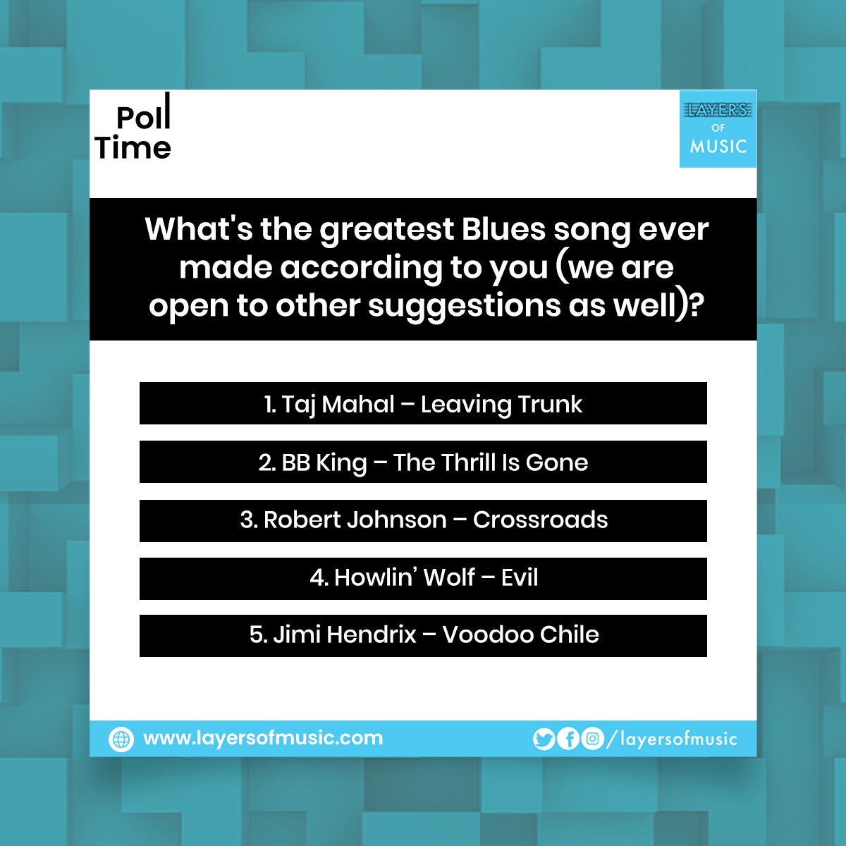 layersofmusic's tweet photo. Without the blues there’d be no rock’n’roll. While we presented some of the greater known songs, we are open to your additions in the comment section below. Let us know which blues' song influenced you.
#LayersOfMusic #LayersOfLockdown #PollOfTheDay https://t.co/TI0KxpSKmI