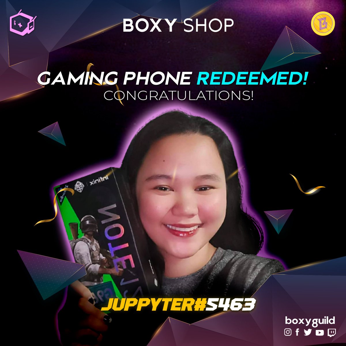 boxyguild's tweet image. A big congratulations to our scholar and events organizer for redeeming the biggest prize on the BoxyCoin shop! 

Join us every night at 9:30 PM PhST on the server to win BoxyCoins!

discord.gg/jEejcngV