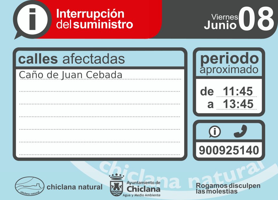 chiclananatural's tweet photo. 🔌 ATENCIÓN. Comunicación de cortes de suministro en la localidad de 11:45 a 13:45 h. Motivo: avería. Las zonas afectadas son las siguientes aparecidas en la imagen.
Rogamos disculpen las molestias.
#Chiclana #CortedeSuministro https://t.co/oVRXbWxn3a