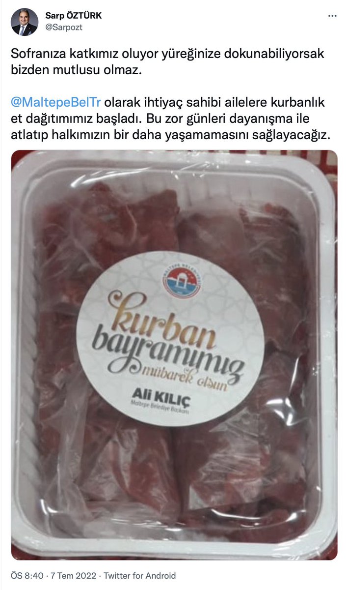 Genel başkanı iftardan önce oruç açarsa, belediye başkanı da bayramdan önce eti dağıtır.

Maltepe belediyesi bayramdan önce kurban eti dağıtmaya başlamış.