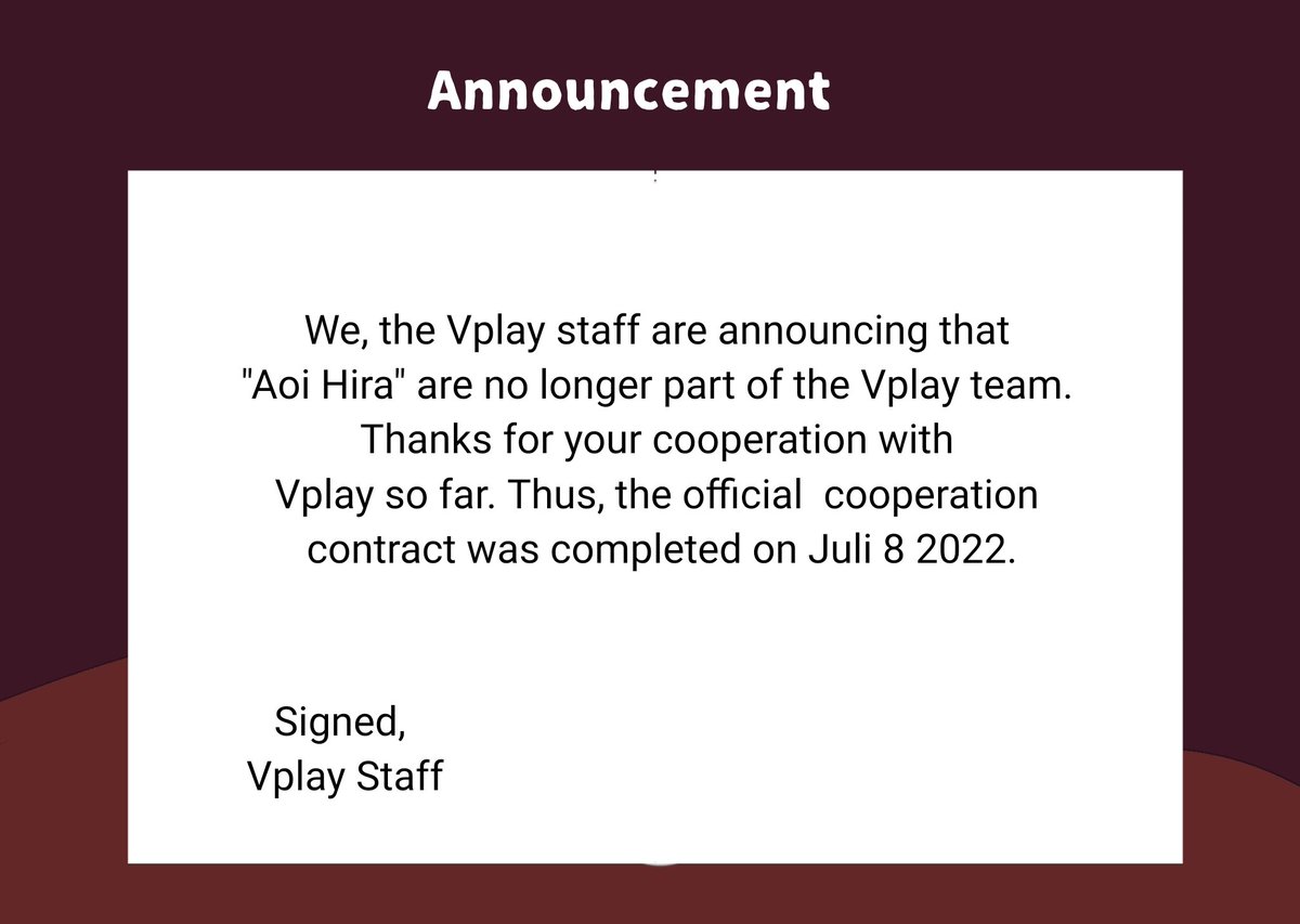 VPlay_Official's tweet photo. announcement about : @AoiHiraa_ https://t.co/gDYM0LKFwy