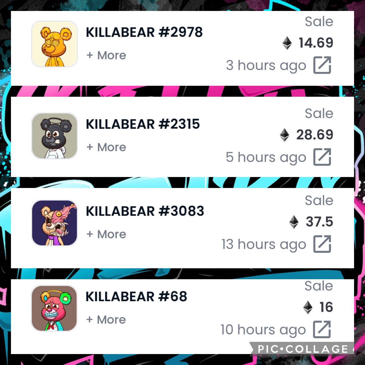 CryptoZaha's tweet photo. It really is a Bears market 🔥
From a free mint to this 👏🏼
Just look at those sales 📈
@killabearsnft #bearmarket #killabears #killaverse https://t.co/dpQtkIr1DV