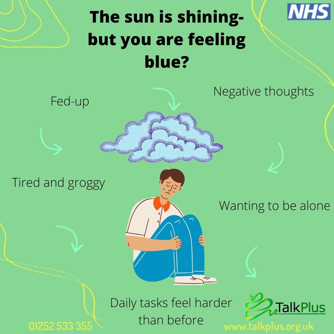 TalkPlusNHS's tweet photo. Depression does not just go away when the sunshine, sun-lotion and ice-creams are out. We will be here throughout the Summer months if you notice your mood dropping and would like to discuss options of support. #TalkPlus #SelfRefer #LowMood #UnderTheWeather #SelfHelp https://t.co/NW5TBSei1B