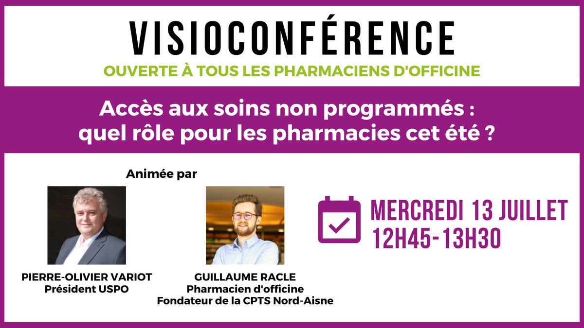 📅 [VISIO] Accès aux soins non programmés, quel rôle pour les pharmacies cet été ?
⏰Mercredi 13 juillet à 12h45
✅ <a href="/PO_VARIOT/">Pierre Olivier Variot</a> Pdt de l’USPO et <a href="/Guillaume_RACLE/">Guillaume RACLE</a> Pharmacien d’officine et Fondateur de la CPTS Nord-Aisne répondent en direct
Inscription : ow.ly/l4Xb50JRh5V