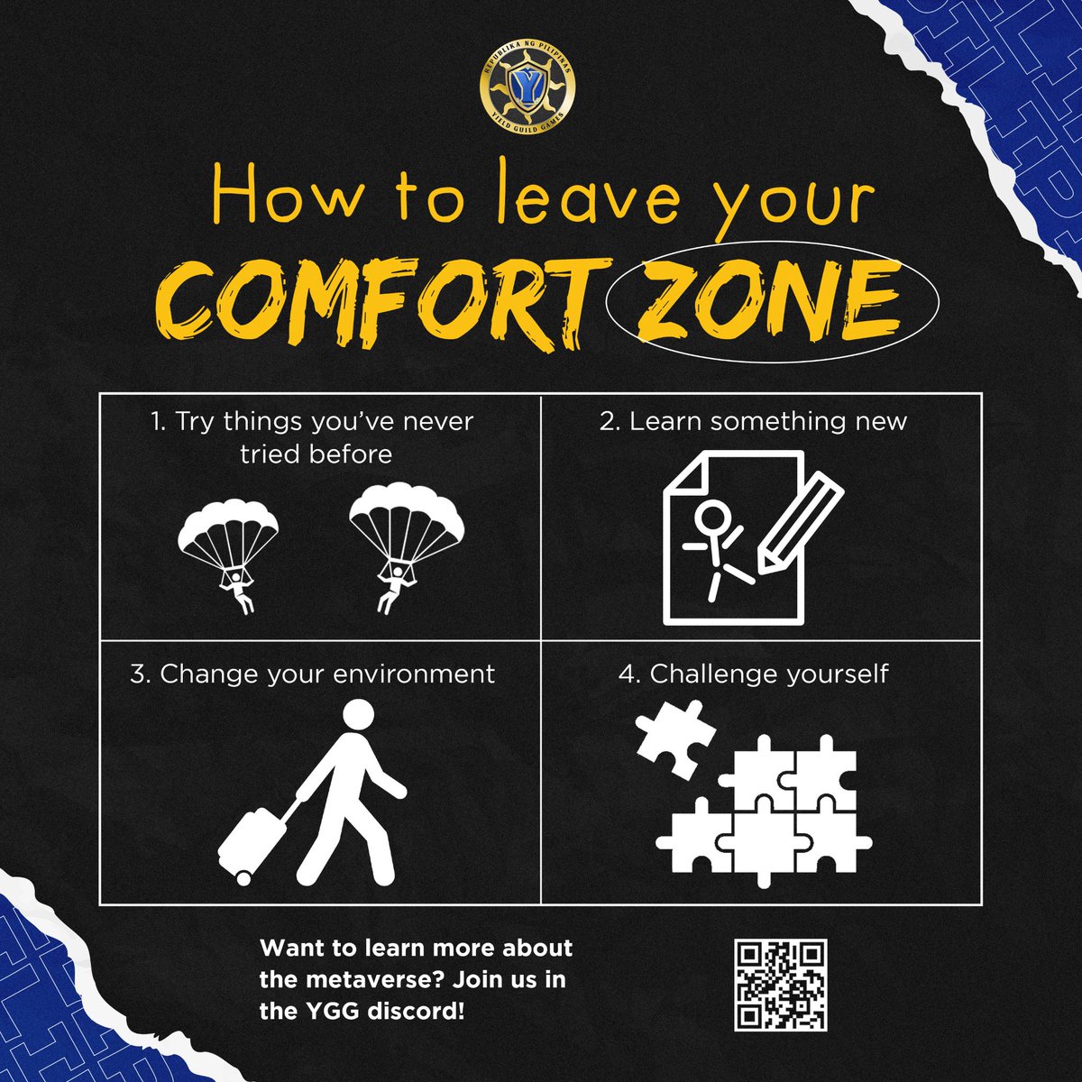 YGGPilipinas's tweet photo. Sabi nga nila, growth happens when you do something different.

Stagnant ka na ba? Baka kailangan mo na umalis sa comfort zone mo lodi! Here are some ways para magawa ito ✨

Relate ba? Tag mo kaibigan mo na need nito 🥰

Follow us for more #CyptoUpdates
#WeAreYGG https://t.co/7ieYgMTZFa