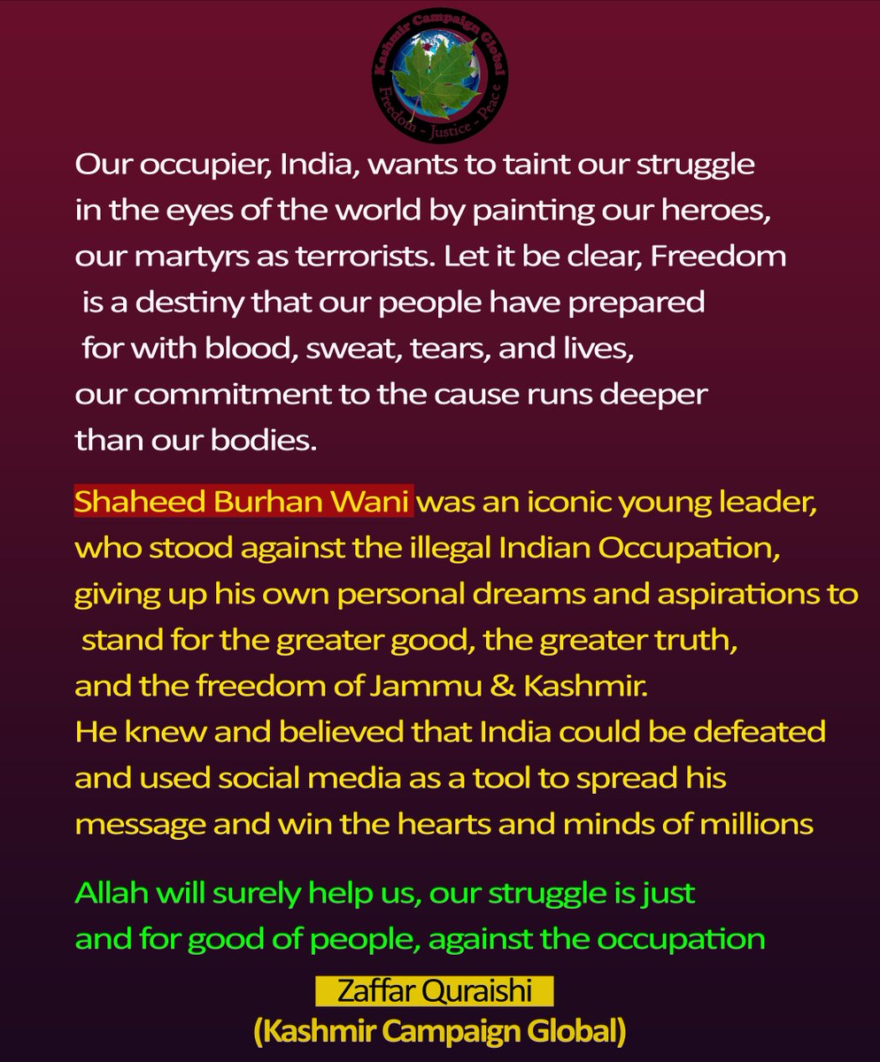 KashmirCampaign's tweet photo. https://t.co/SmcrHZ7agm

Burhan Wani Shaheed was remembered on both sides of the Line of Control (LoC) for his struggle against the occupying Indian forces. 
Zaffar Quraishi (Kashmir Campaign Global)
#BurhanWani #BurhanWaniIsOurHero #BurhanWaniIconOfResistance https://t.co/3efinWKnzB