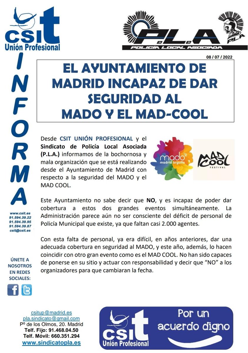 sindicatopla's tweet image. La seguridad de los ciudadanos y los derechos de los trabajadores de @policiademadrid es lo primero, no se pueden poner en riesgo, por querer acoger todos los eventos en la ciudad de #Madrid

#MADO2022
#MadCool2022

#Responsabilidad