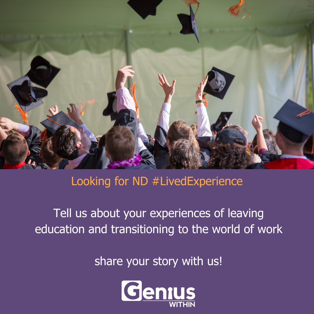 geniuswithinCIC's tweet photo. At GW we've been thinking about the transition from #Education to the #WorkingWorld
We would like to share your stories on social media to help develop some practical advice both for #Neurodivergent people but also for #Educators and #Employers (can be anon)
#LivedExperience https://t.co/f7Qd22lhOW
