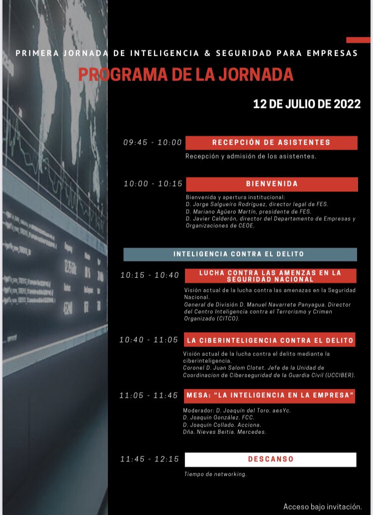 intelsegglobal's tweet photo. Os presentamos desde @intelsegglobal junto #aesYc, @CEOE_ES y la colaboración entre otros de @Bedisruptiveit y @Civittas las I jornadas de inteligencia corporativa en el ámbito empresarial.
🗓 12 julio
📪 sede de la #CEOE, Madrid.
🖌 Imprescindible invitación para el acceso. https://t.co/7IRqOzfzgu