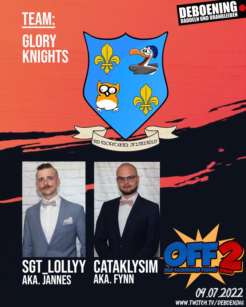 deBoening's tweet photo. #MOEWEN...!
Nehmt euch in Acht vor diesen Rittern der Leidenschaft!
Als Glory Knights (@BrgJannes & @Cataklysim ) werden sich alle anderen Teams wohl oder übel ihrem goldenen Glanze stellen müssen, mit den die beiden Edelleute beim #OFF2 strahlen werden. https://t.co/bTx6OsdSvd