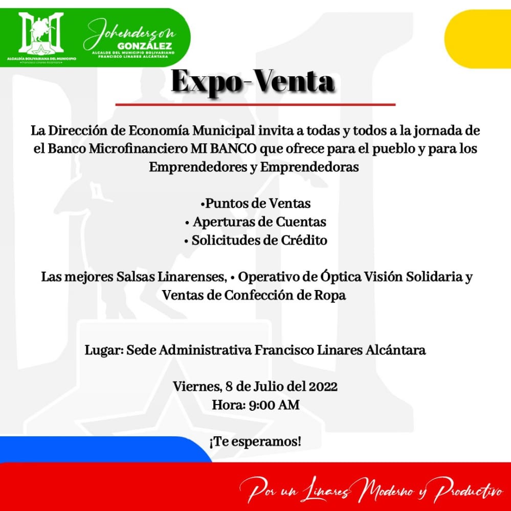 #8Julio Desde las instalaciones de la Alcaldía Francisco Linares Alcántara, Expo- Venta con el Banco Microfinanciero MI BANCO, que ofrece para todo el pueblo y para las Emprendedoras y Emprendedores del Municipio. <a href="/Soykarinacarpio/">Karina Carpio</a> @JohendersonMrt <a href="/GobiernoAragua_/">Gobierno Aragua</a>