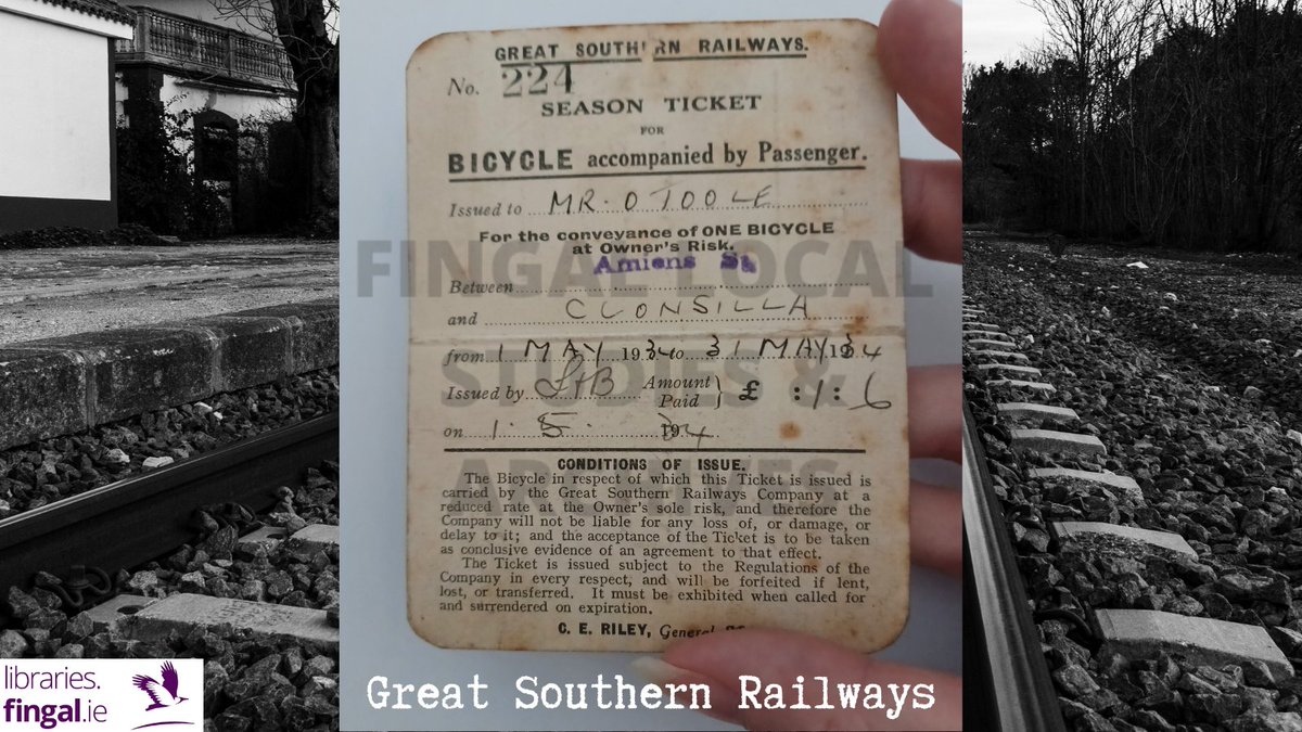 fingallibraries's tweet photo. Jump back in time to 1934 with Fingal Local Studies &amp; Archives. Pictured: A Great Southern Railways season ticket for a ‘bicycle accompanied by Passenger.’ #LocalHistory #Clonsilla #LeapIntoLibraries #FingalFlashback https://t.co/r4DECn1uUE