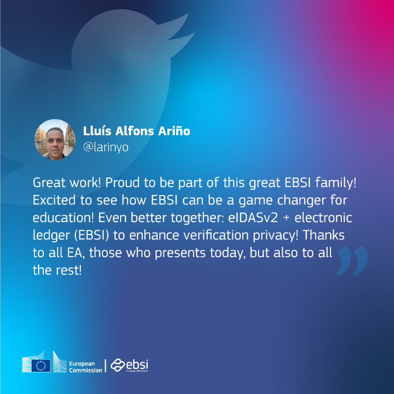 EU_EBSI's tweet photo. Two opinions that praise our work are July's #MonthlyCommunityHighlight. ☀️ Thank you
@fredericbaud and @larinyo for your messages! To those who follow us, please leave your comments and tweets so we can keep improving!
#EBSICommunity